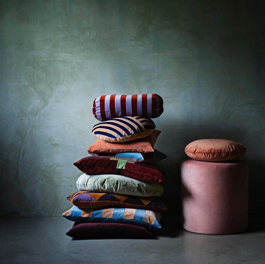 CUSHION-STRIPE BOLSTER DIAM. 14X40 VELVET-MAZARINE/CHOCOLATE