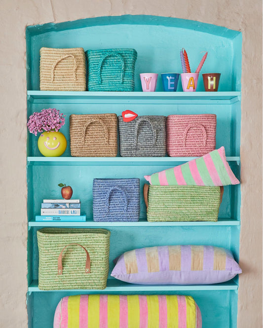 BASKET-RAFFIA SQUARE BASKET WITH LEATHER HANDLES-BLUE