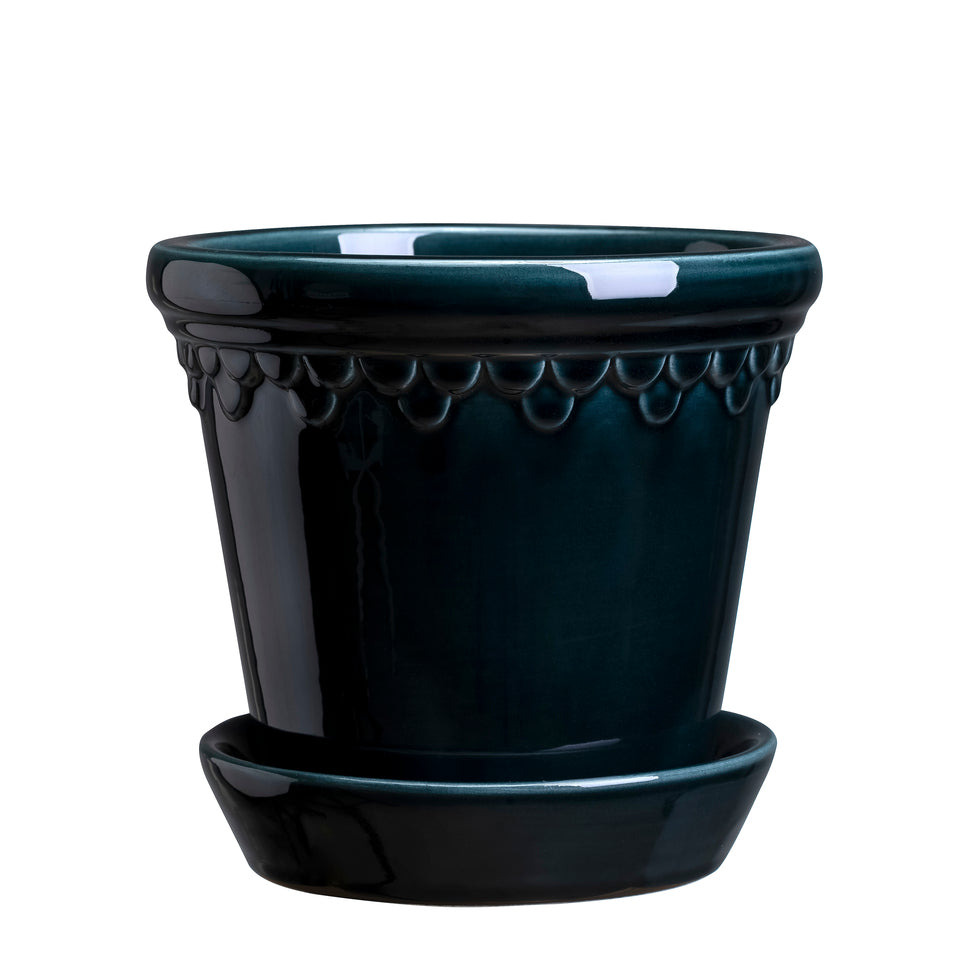 PLANT POT-COPENHAGEN GLAZED POT & SAUCER-PETROLEUM-DIAM.25 CM