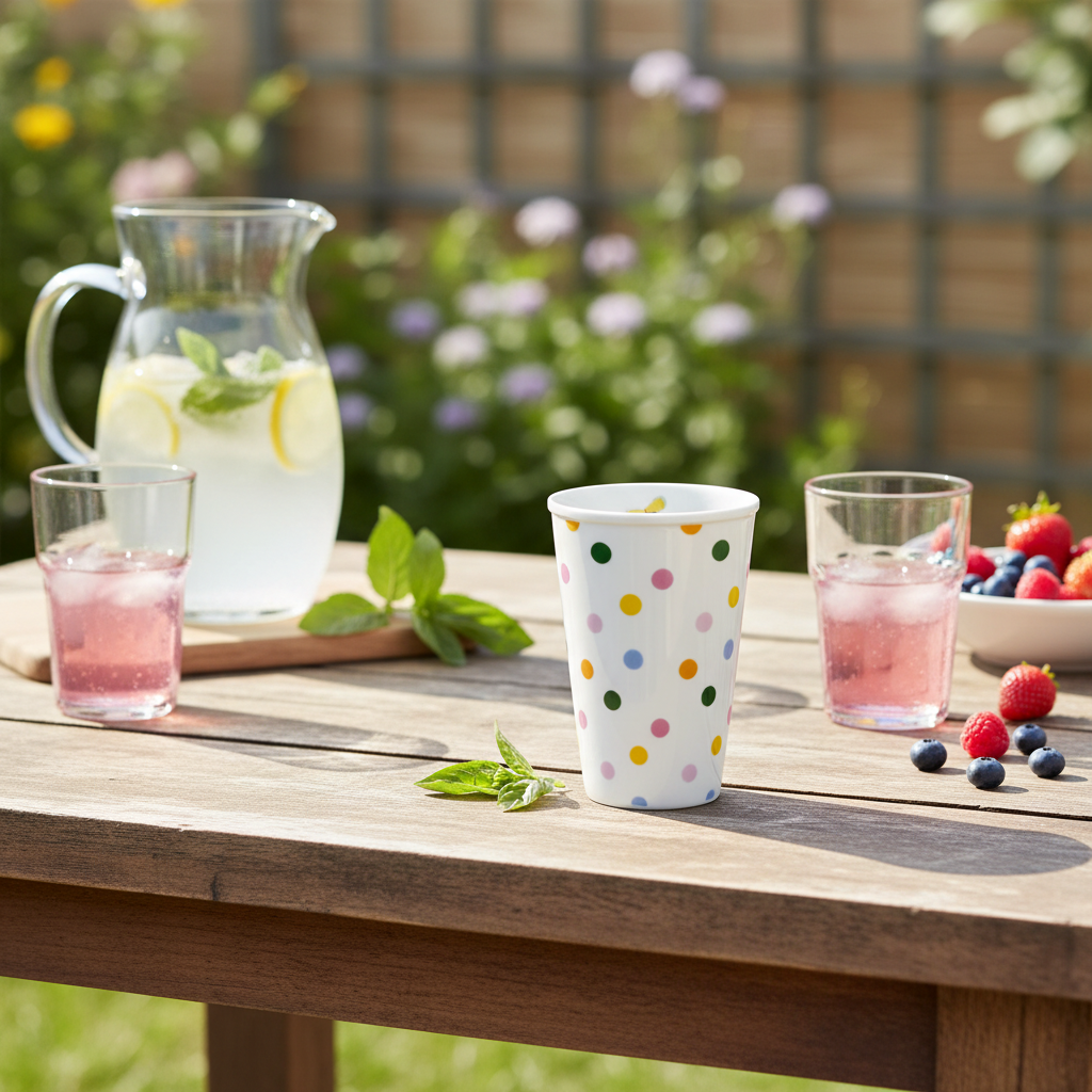PORCELAIN TALL CUP WITH LET'S SUMMER DOTS PRINT-BUTTERFLY DETAIL, KITCHENWARE, RICE, - Fabrica