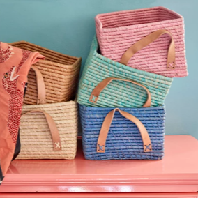 BASKET-RAFFIA RECTANGULAR WITH LEATHER HANDLES-BLUE