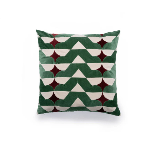 CUSHION-BRIE-55X55-VELVET-D.RED/D.WHITE/BASIL
