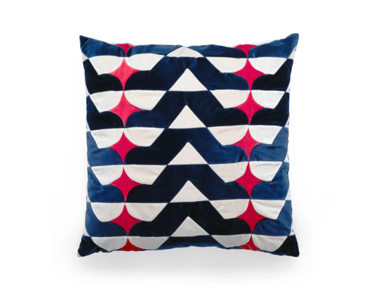 CUSHION-BRIE-55X55-VELVET-TOMATO/D.WHITE/D.BLUE