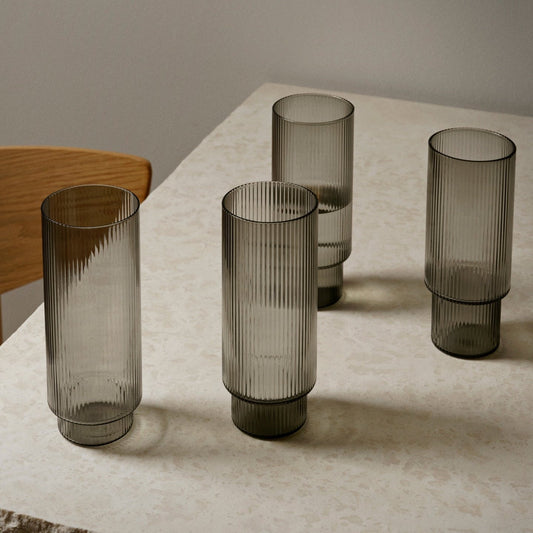 GLASSES-RIPPLE LONG DRINK GLASSES-SMOKED GREY-SET OF 4