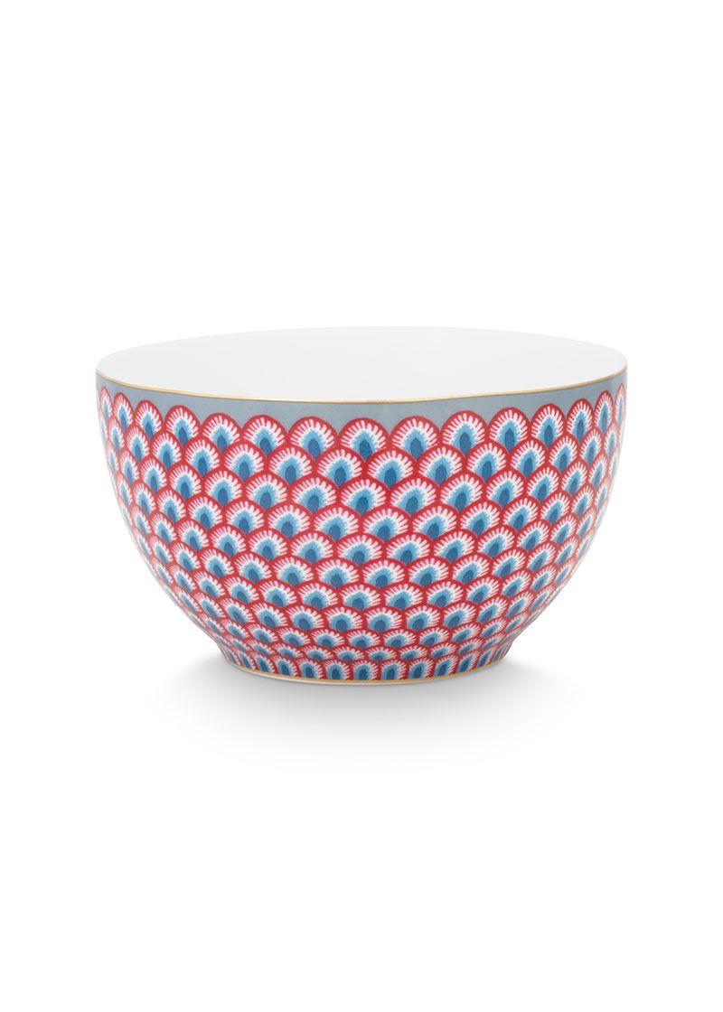 BOWL-FLOWER FESTIVAL SCALLOP BOWL-RED/LIGHT BLUE