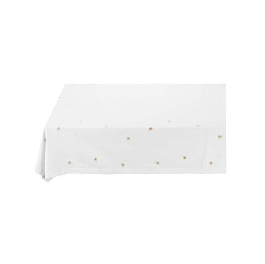 TABLE CLOTH-WHITE WITH EMBROIDERED GOLD STARS-250X160