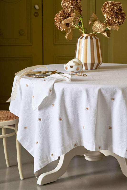 TABLE CLOTH-WHITE WITH EMBROIDERED GOLD STARS-250X160