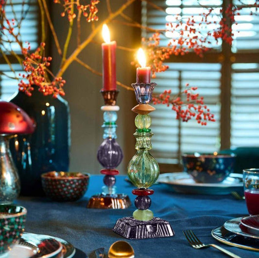 CANDLE HOLDER-GLASS BEAD-GREEN