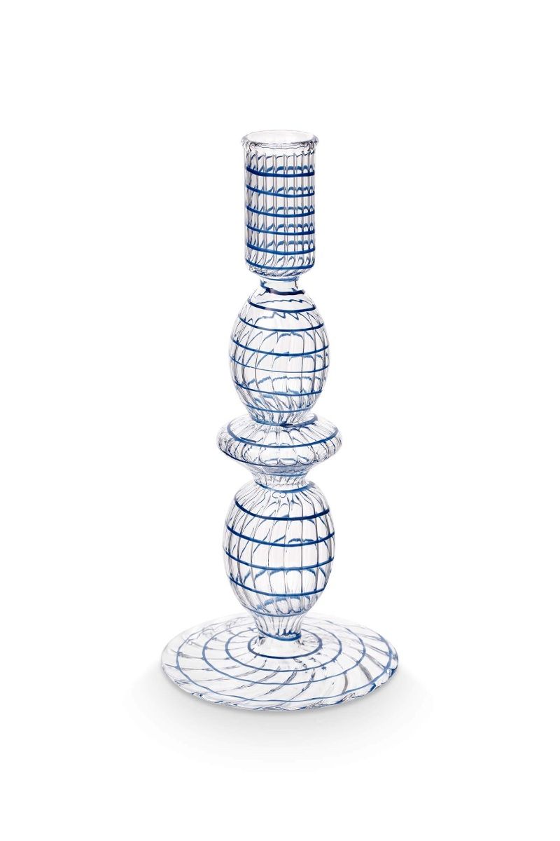 CANDLE HOLDER-GLASS SWIRL DARK BLUE 20 CM