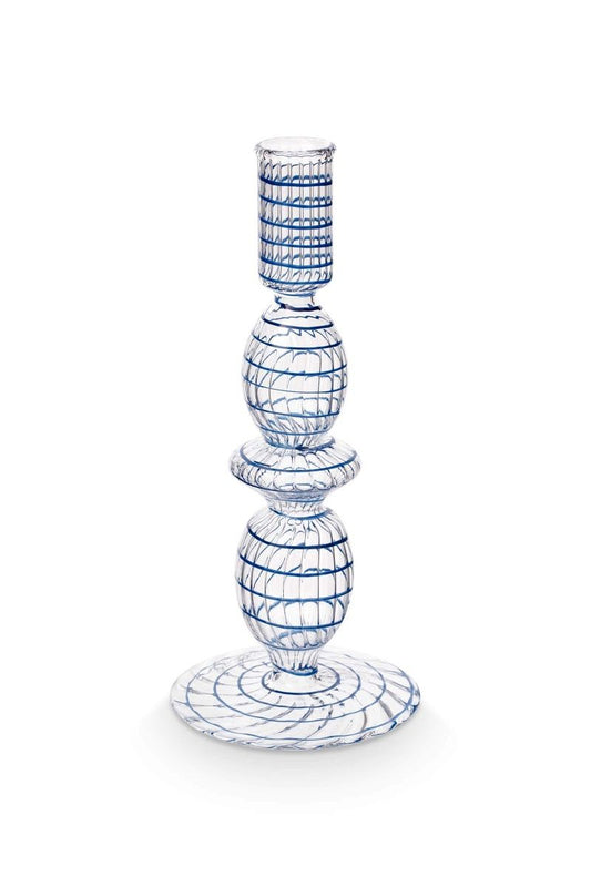 CANDLE HOLDER-GLASS SWIRL DARK BLUE 20 CM