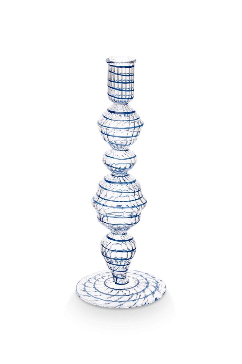 CANDLE HOLDER-GLASS SWIRL DARK BLUE 22CM
