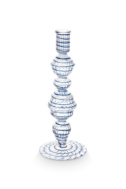 CANDLE HOLDER-GLASS SWIRL DARK BLUE 22CM