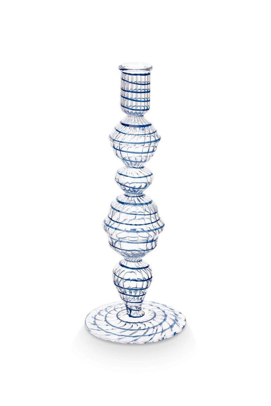 CANDLE HOLDER-GLASS SWIRL DARK BLUE 22CM