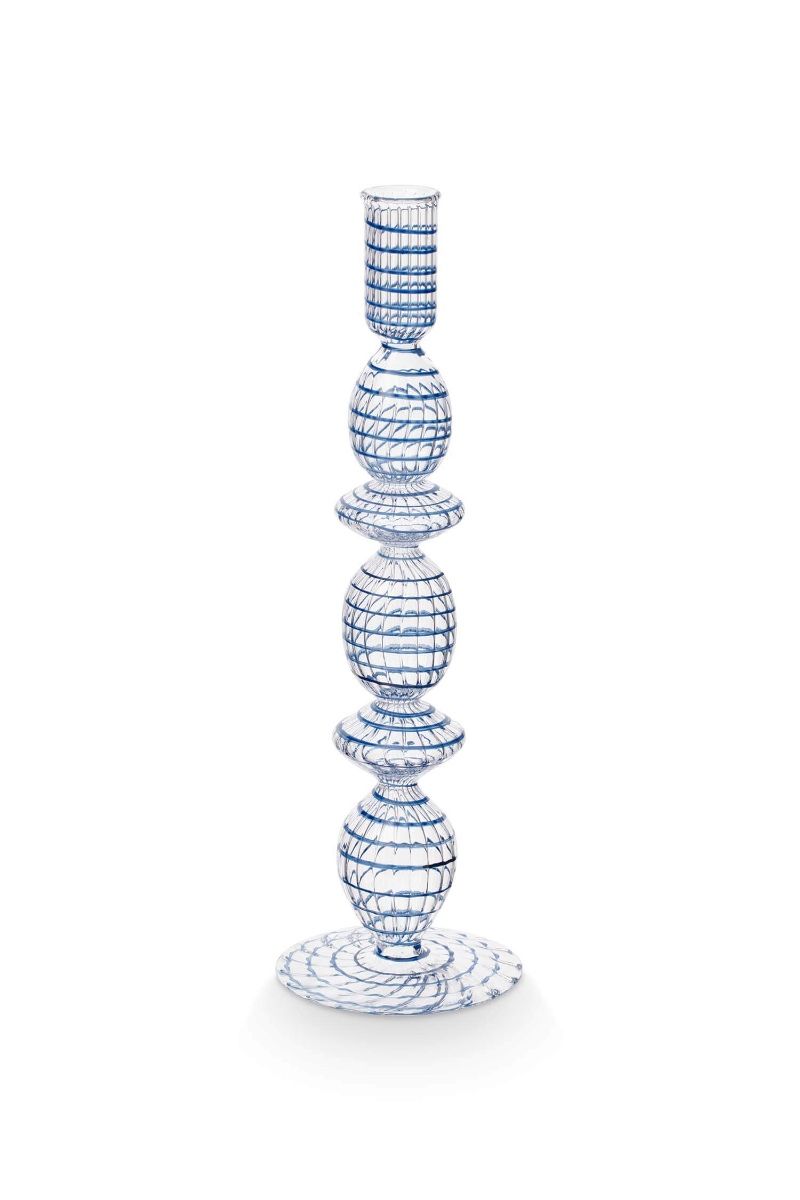 CANDLE HOLDER-GLASS SWIRL DARK BLUE 28 CM