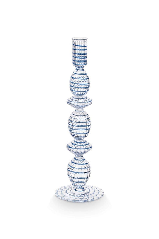 CANDLE HOLDER-GLASS SWIRL DARK BLUE 28 CM