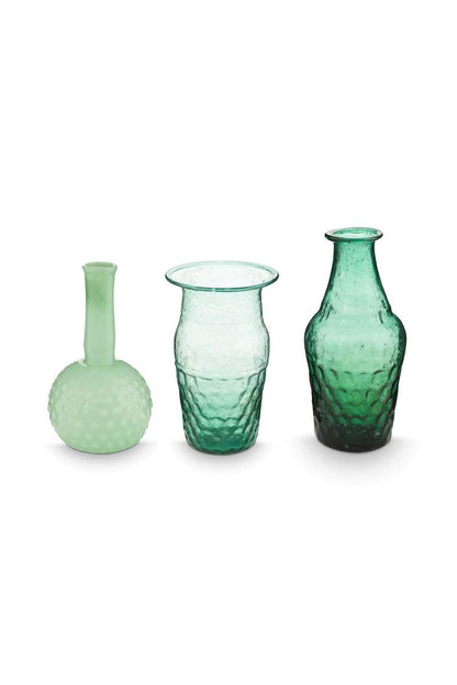 VASES-SMALL GLASS VASES BLUE GREEN-SET OF 3
