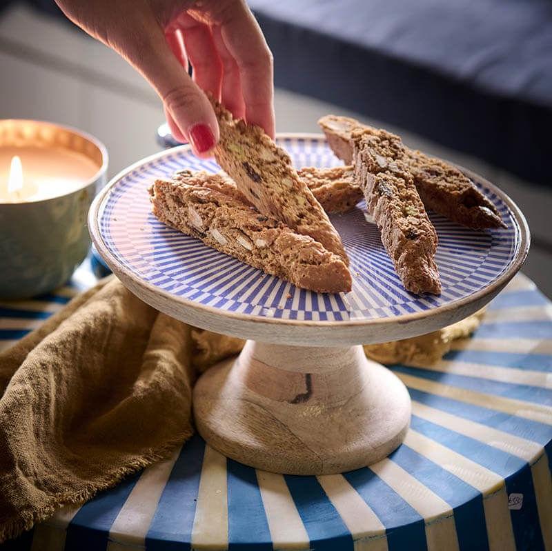 PLATTER-WOODEN DIAM. 22-WHITE/BLUE