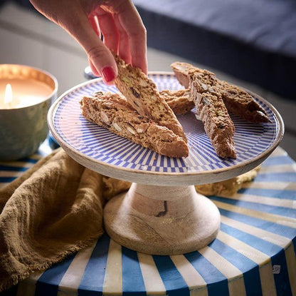 PLATTER-WOODEN DIAM. 22-WHITE/BLUE