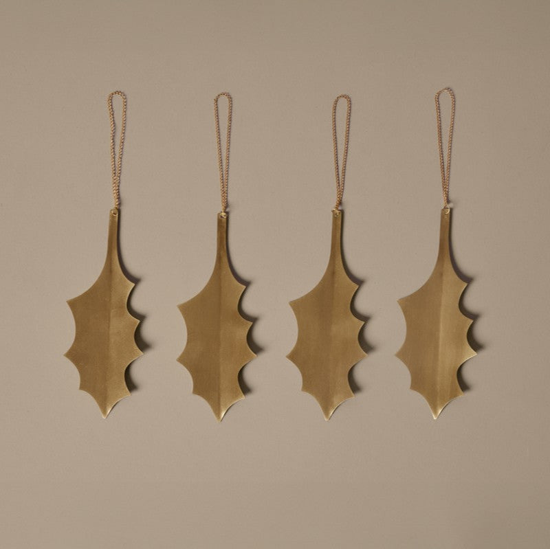 ORNAMENT-HOLLY BRASS LEAF ORNAMENTS-SET OF 4