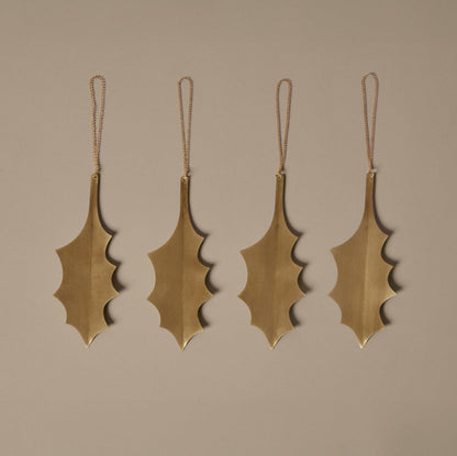 ORNAMENT-HOLLY BRASS LEAF ORNAMENTS-SET OF 4
