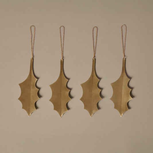 ORNAMENT-HOLLY BRASS LEAF ORNAMENTS-SET OF 4