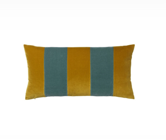 CUSHION-STRIPE VELVET 40X80CM-GOLDEN OLIVE/PALE BLUE