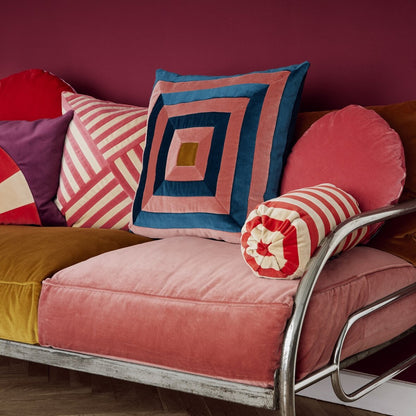 CUSHION-STRIPE BOLSTER DIAM. 14X40 VELVET-MAZARINE/CHOCOLATE