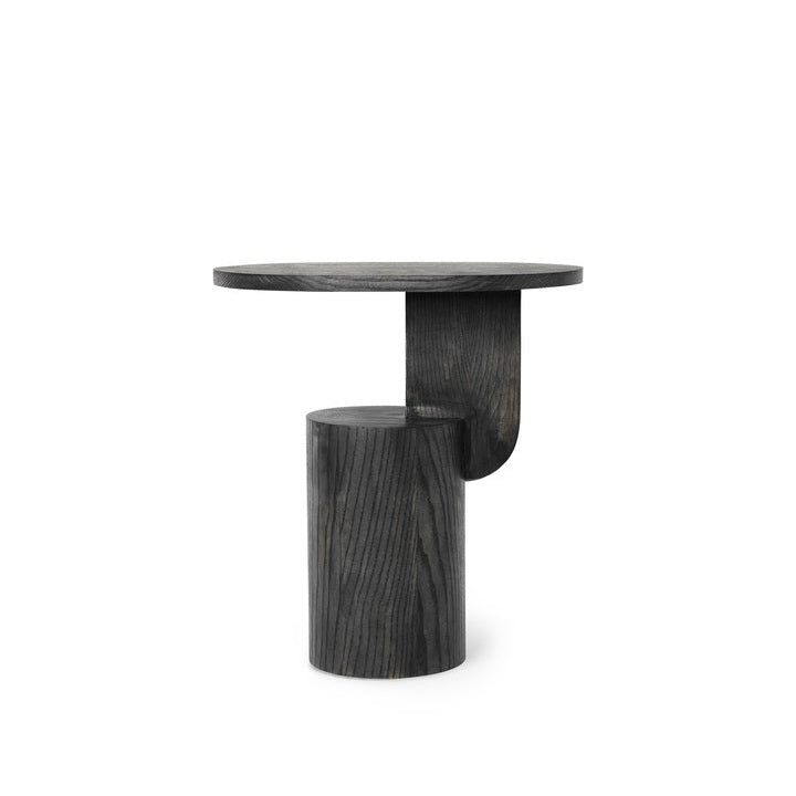 Modern side table with cylindrical base and rectangular top on a white background