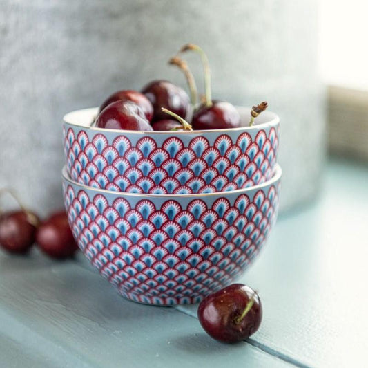 BOWL-FLOWER FESTIVAL SCALLOP BOWL-RED/LIGHT BLUE