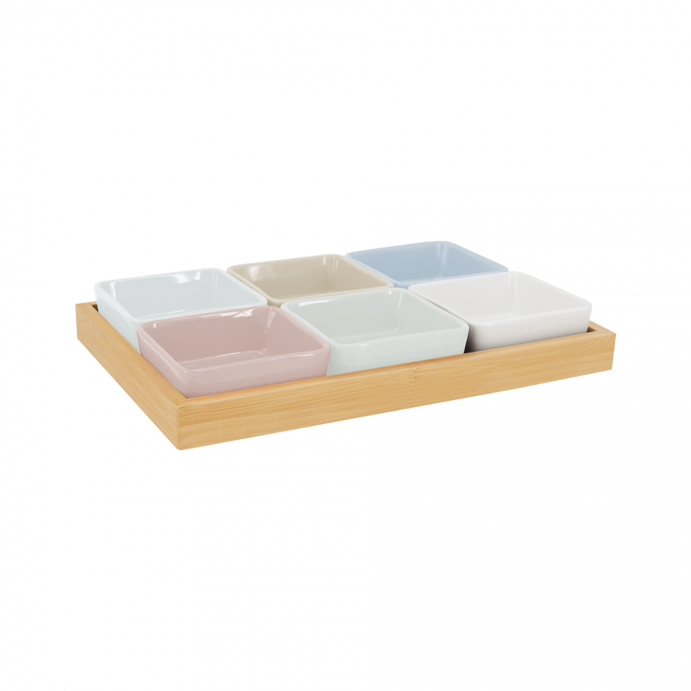 BOWL-SET OF BOWLS WITH WOODEN TRAY N.2-SET OF 7 PCS