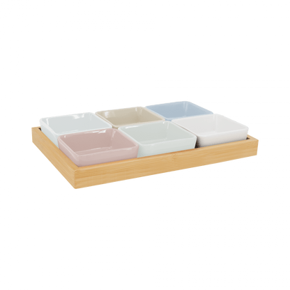 BOWL-SET OF BOWLS WITH WOODEN TRAY N.2-SET OF 7 PCS