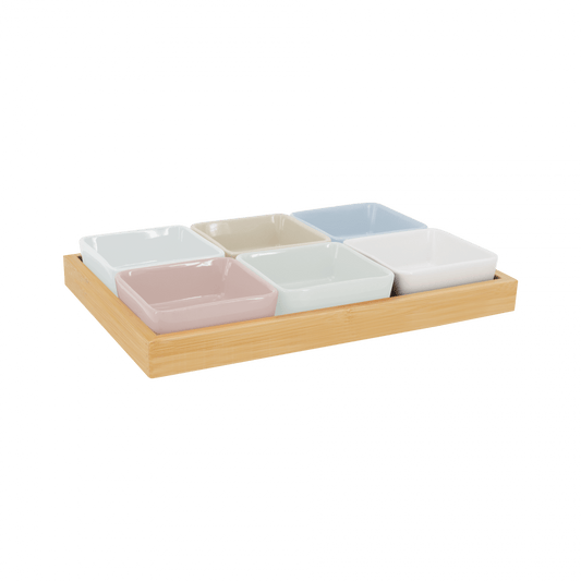 BOWL-SET OF BOWLS WITH WOODEN TRAY N.2-SET OF 7 PCS