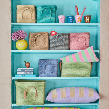 BASKET-RAFFIA RECTANGULAR WITH LEATHER HANDLES-BLUE