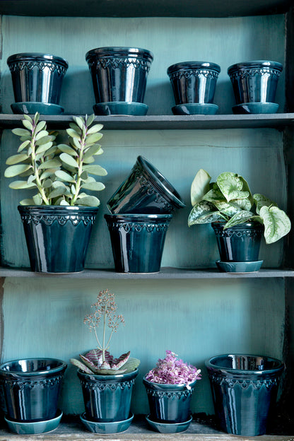 PLANT POT-COPENHAGEN GLAZED POT & SAUCER-PETROLEUM-DIAM.25 CM