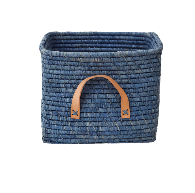 BASKET-RAFFIA SQUARE BASKET WITH LEATHER HANDLES-BLUE