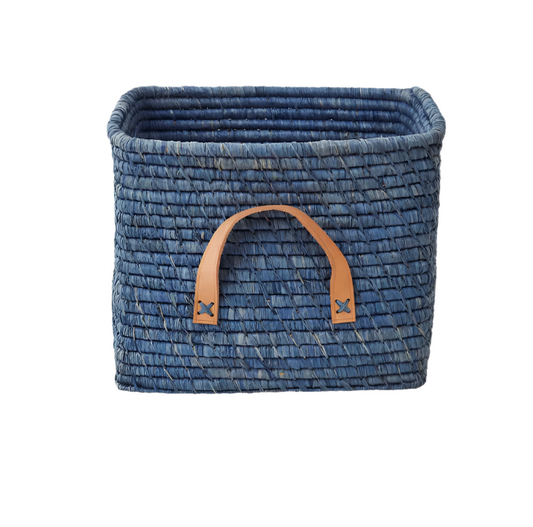 BASKET-RAFFIA SQUARE BASKET WITH LEATHER HANDLES-BLUE
