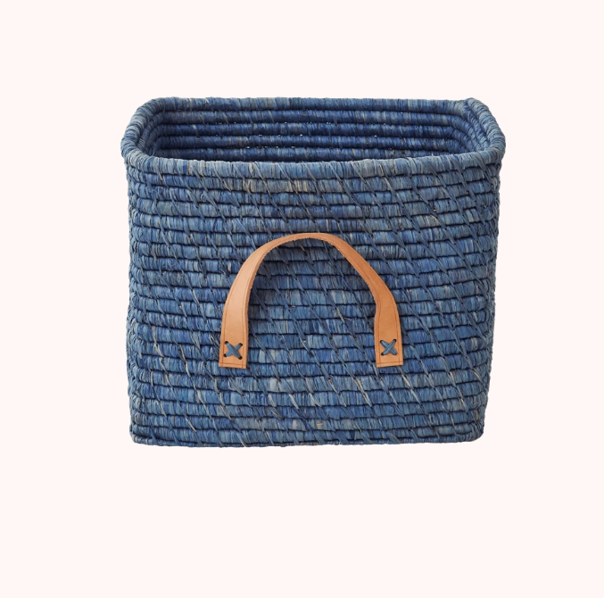 RAFFIA SQUARE BASKET WITH LEATHER HANDLES-BLUE