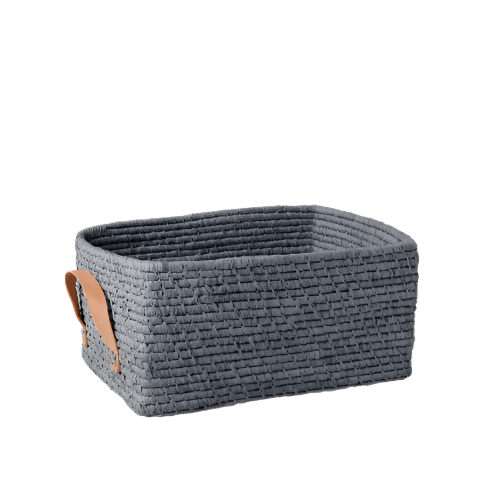 BASKET-RAFFIA RECTANGULAR WITH LEATHER HANDLES-BLUE