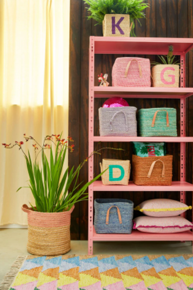 BASKET-RAFFIA SQUARE BASKET WITH LEATHER HANDLES-BLUE