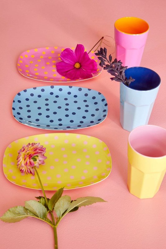 PLATE - MELAMINE RECTANGULAR PLATE WITH SOFT PINK DOT PRINT - SMALL