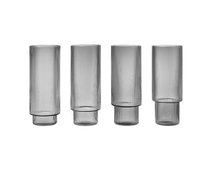GLASSES-RIPPLE LONG DRINK GLASSES-SMOKED GREY-SET OF 4